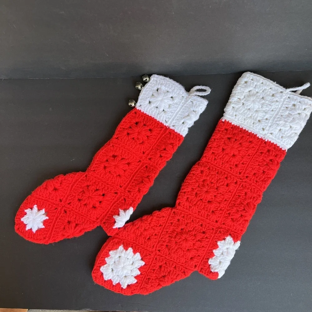 VTG Crochet Christmas Stockings Pair Red White Granny Squares Handmade 21